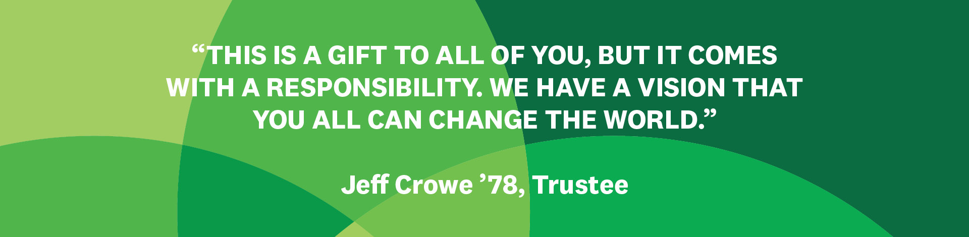 "This building is a gift to all of you, but it comes with a responsibility. We have a vision that you all can change the world." Jeff Crowe ’78 Trustee