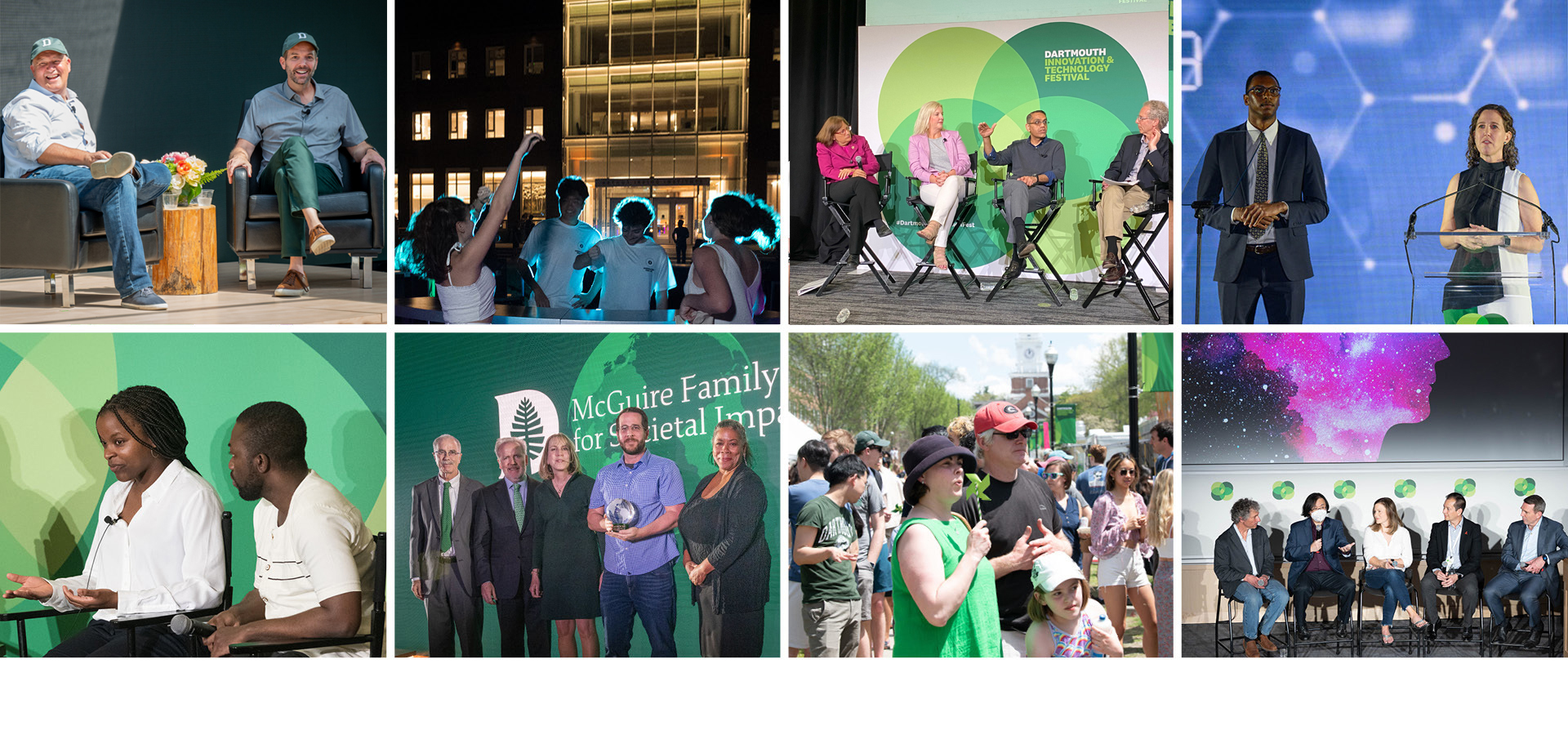 A grid of photos showing panel sessions, the light show and children interacting with exhibits