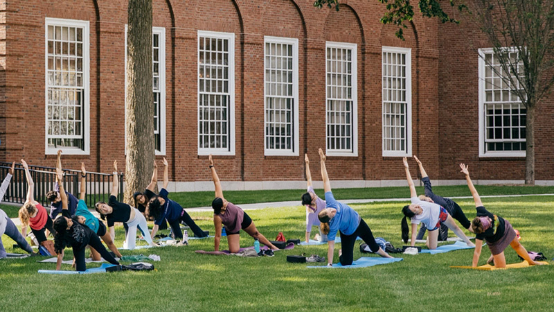 Students doing yoga on the green 