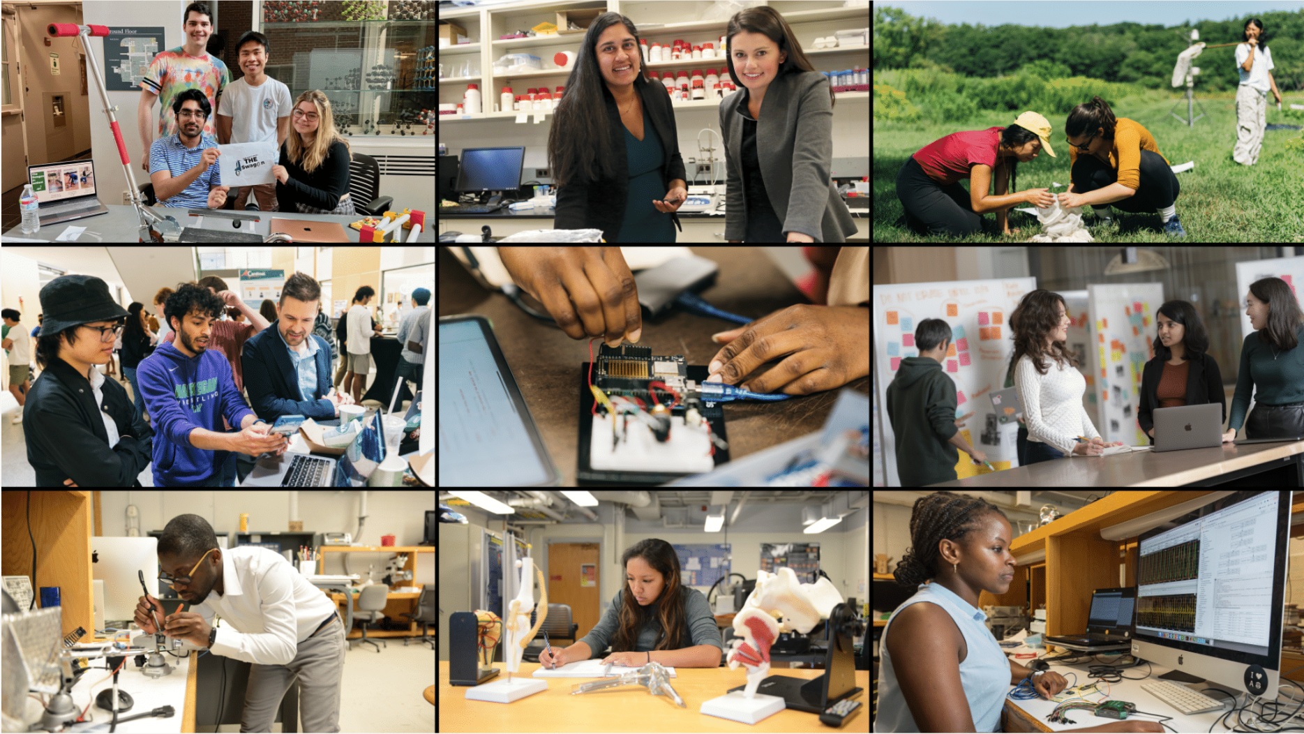 A grid of diverse students working in labs and classrooms