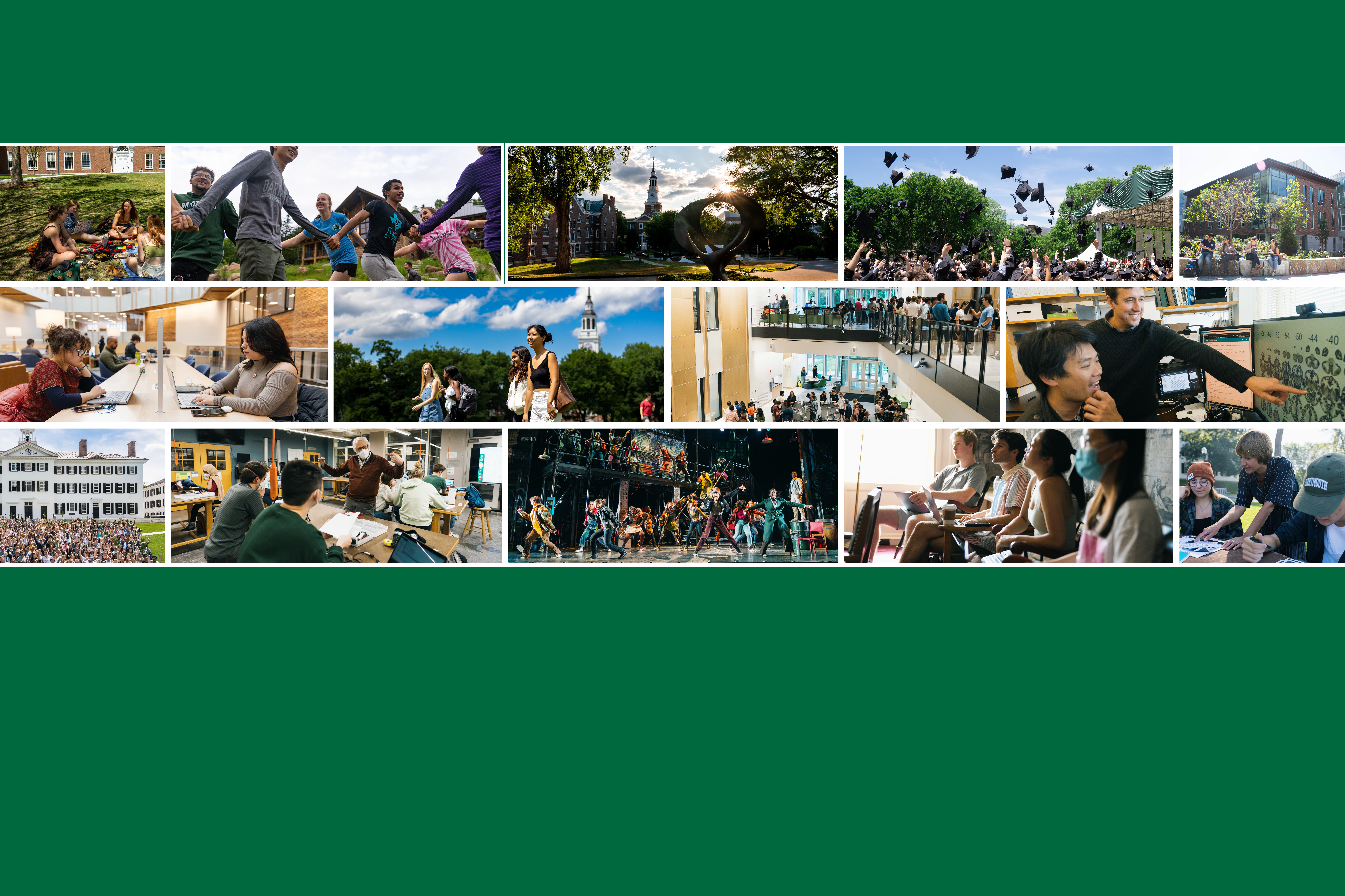 A collage of images depicting various aspects of student life at Dartmouth