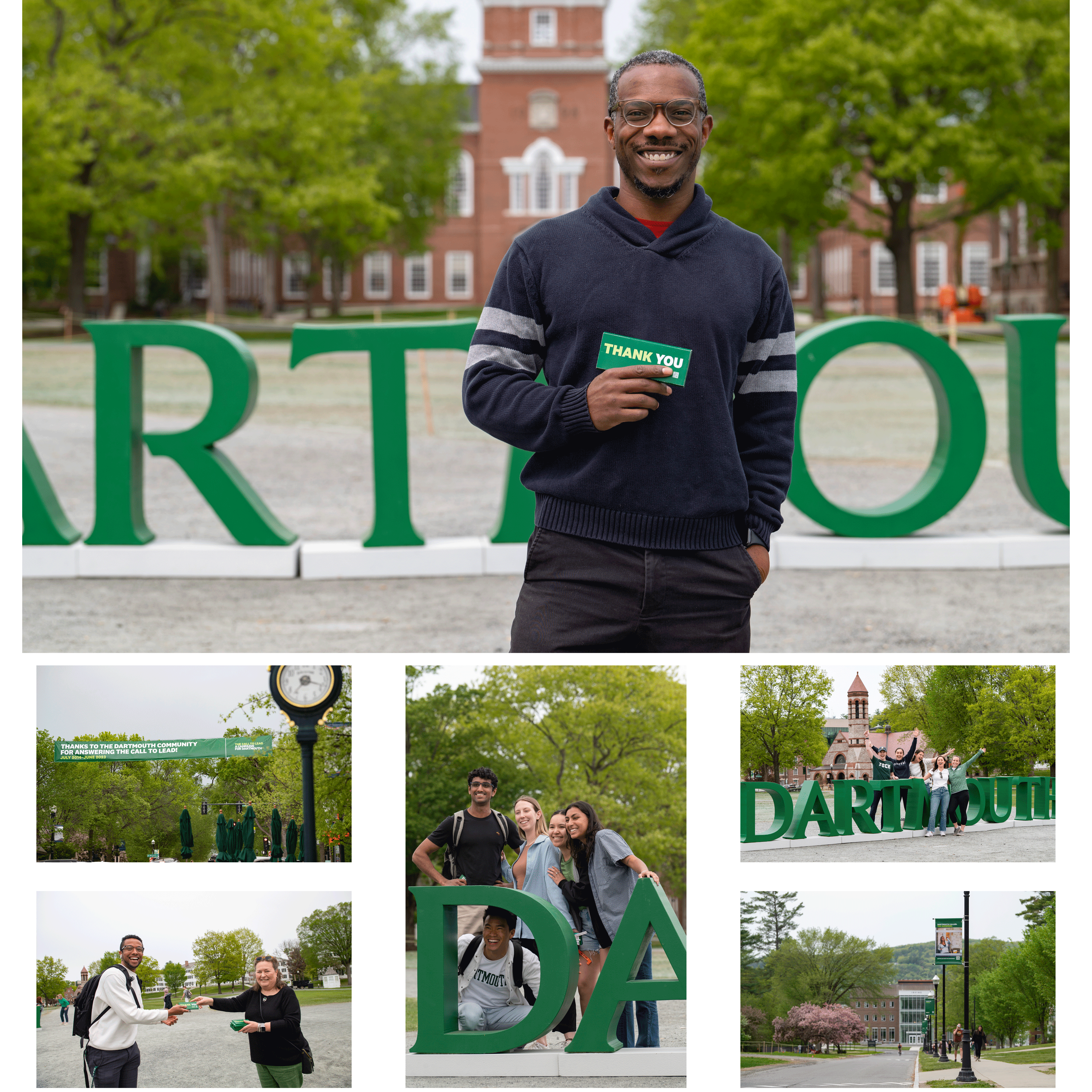 A collage of photos of students in front of the Dartmouth letters