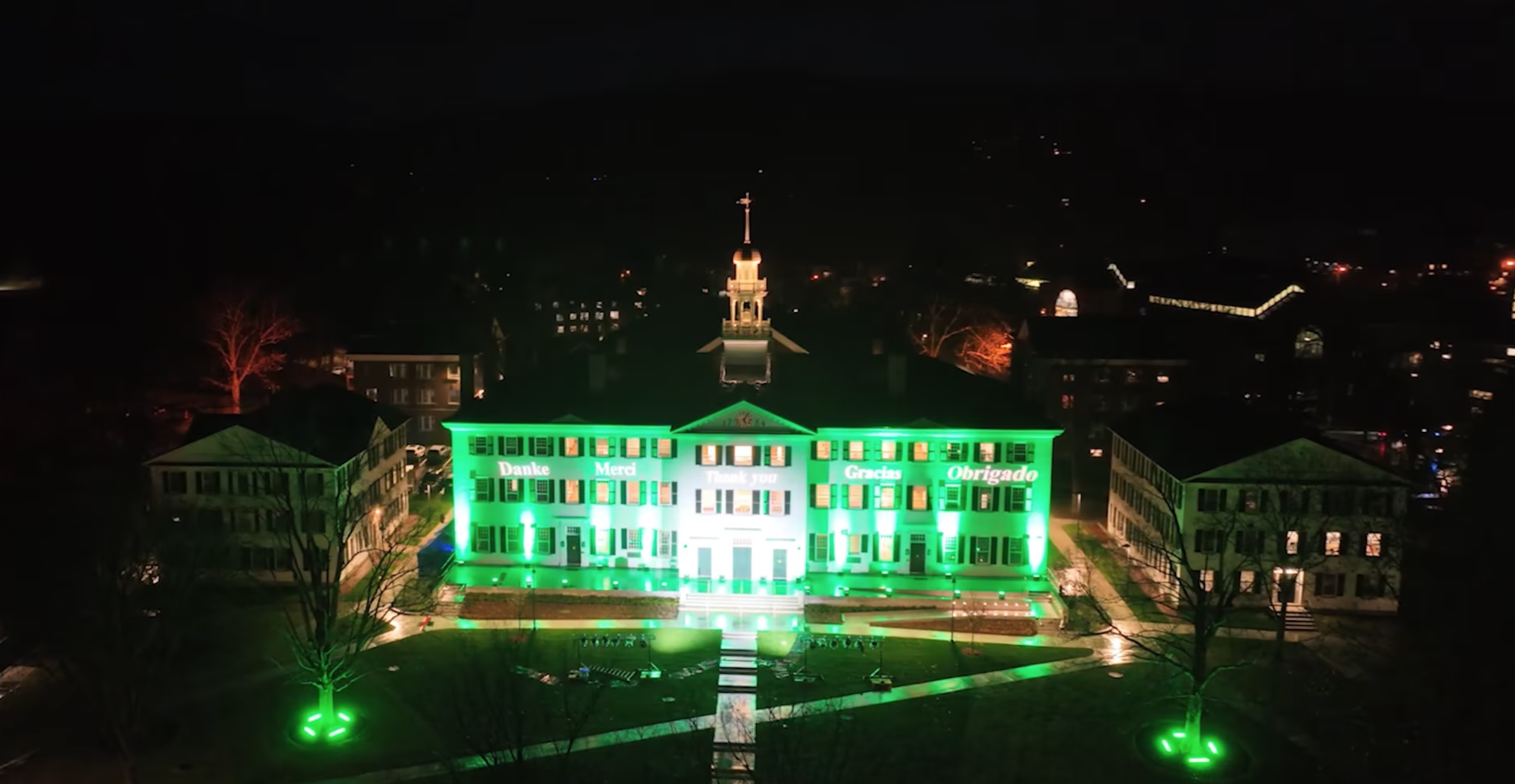 Dartmouth Hall lit green