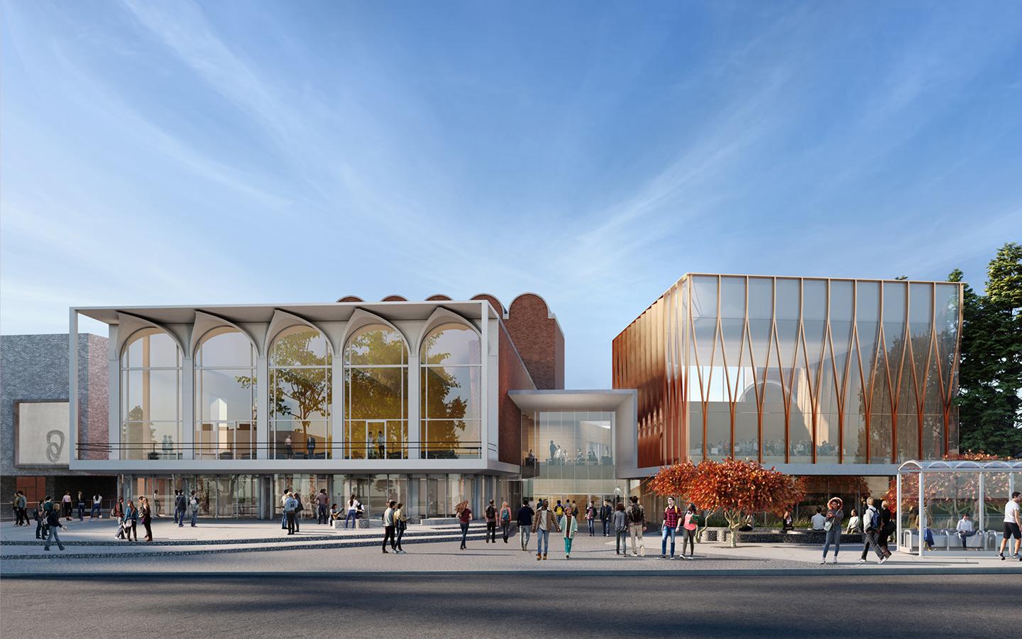 A rendering of the north facade of the Hopkins Center for the Arts includes a new wing for arts programs. (Courtesy of Snøhetta and Methanoia)