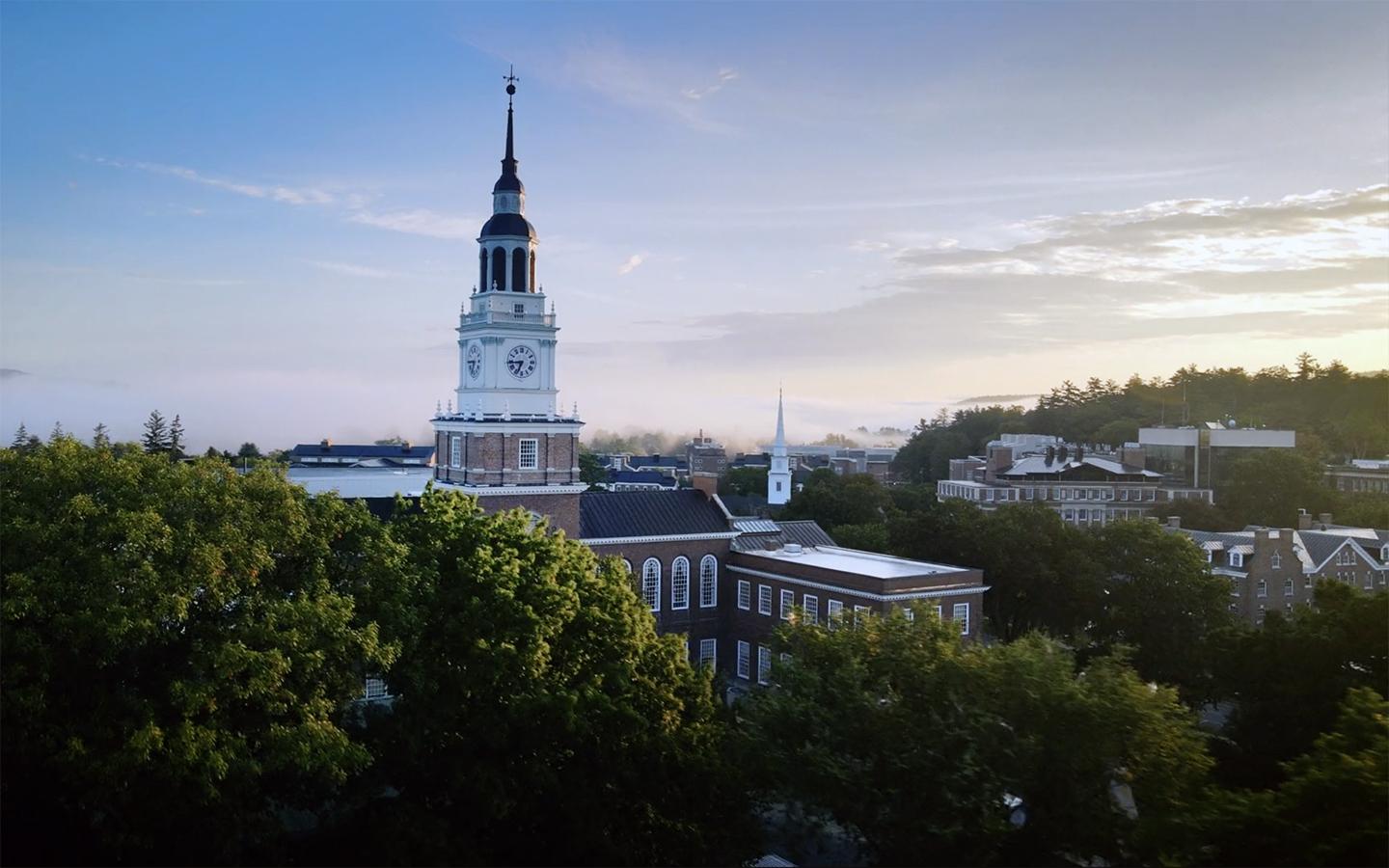 Aerial shot of Baker Tower at sunrise