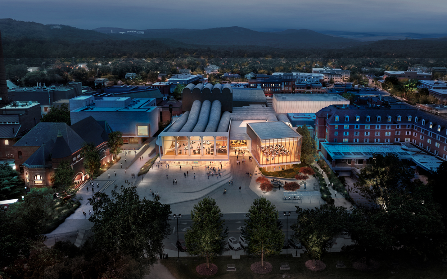 An birdseye exterior rendering of the Hopkins Center renovations