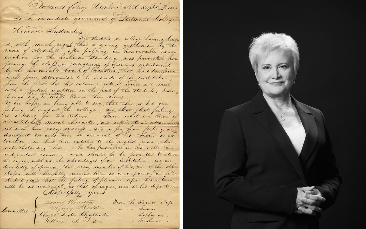(Left) Letter written by Dartmouth students asking the trustees to admit Mitchell. (Right) Susan Dentzer ’77
