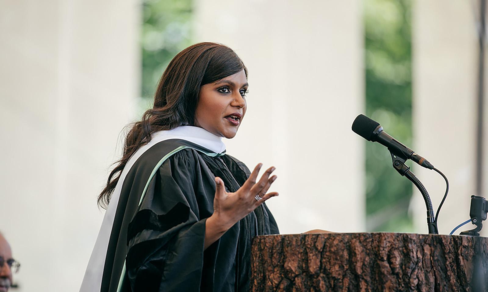 Mindy Kaling at the podium during her commencement speech