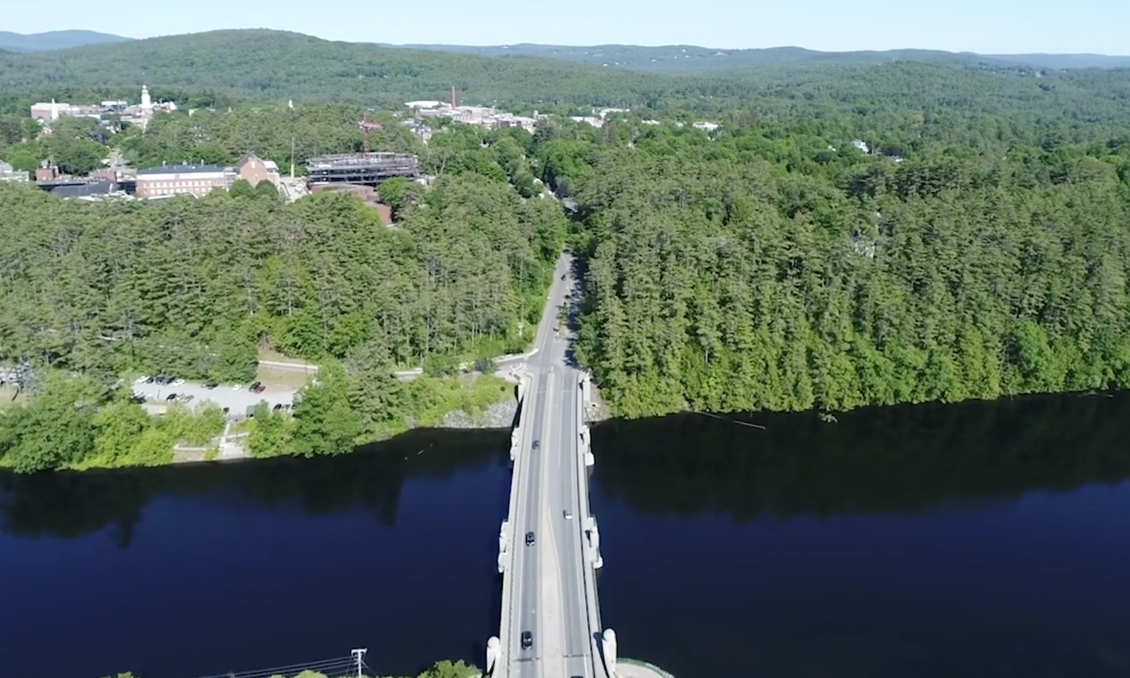 Aerial shot of the bridge headed to campus