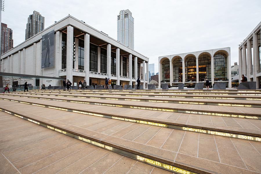 Outside of Lincoln Center, LED tickers on the steps say, "Dartmouth welcomes you!"