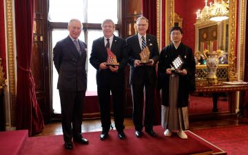 Prince Charles presented the Queen Elizabeth Prize to Eric Fossum of Dartmouth, retired Bell Lab scientist Michael Tompsett, and Nobukazu Teranishi, of the University of Hyogo and Shizuoka University. Not pictured is the fourth recipient, George Smith, a retired Bell Lab scientist. (Photo courtesy of qeprize.org)